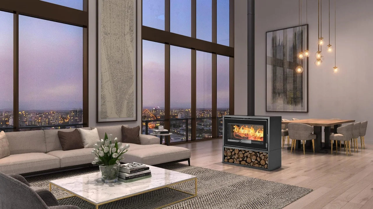 Flamm 950 Double-Sided Freestanding Fireplace on Log Base