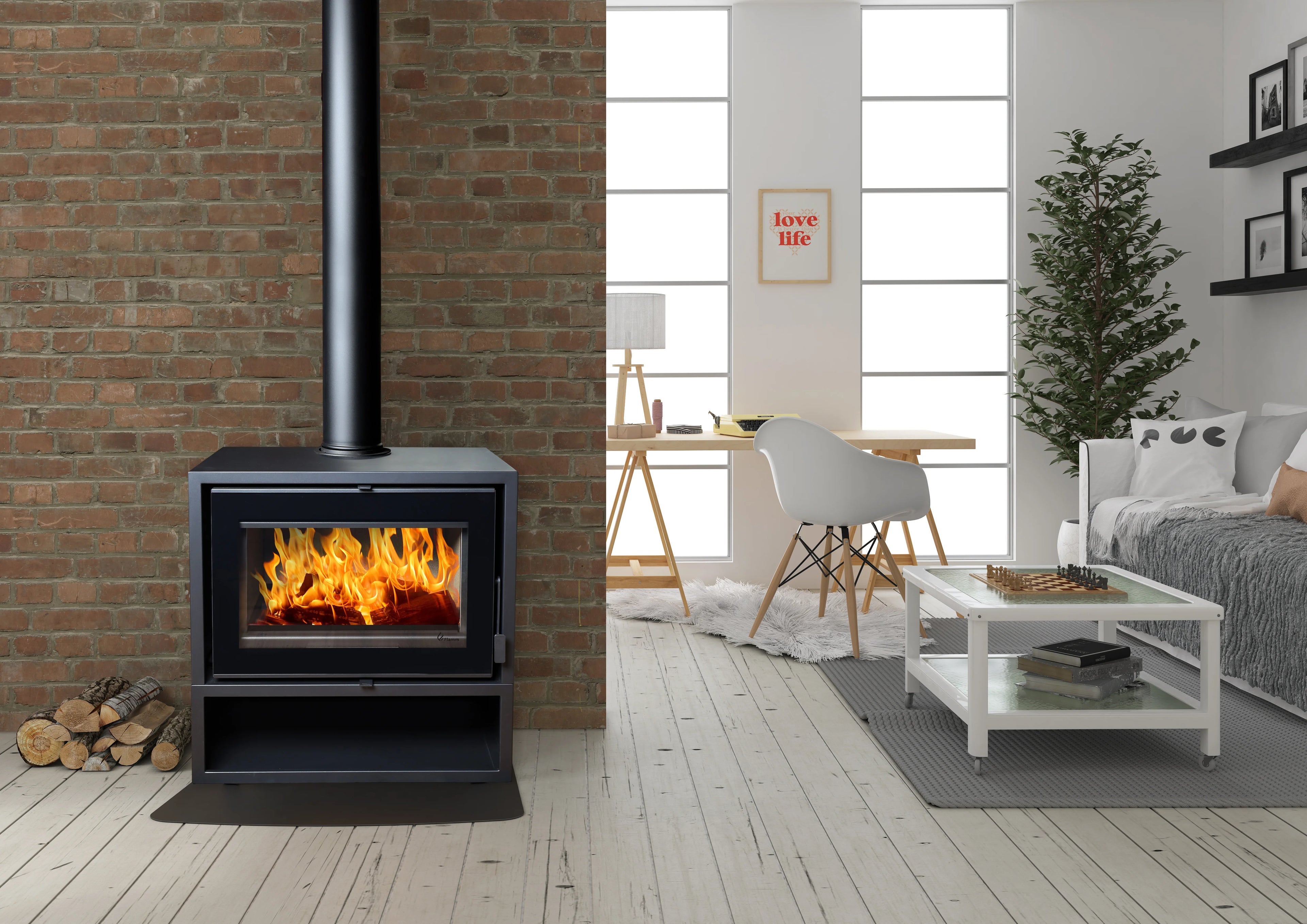 Modern living room with a wood-burning stove, white furniture, and decorative elements.