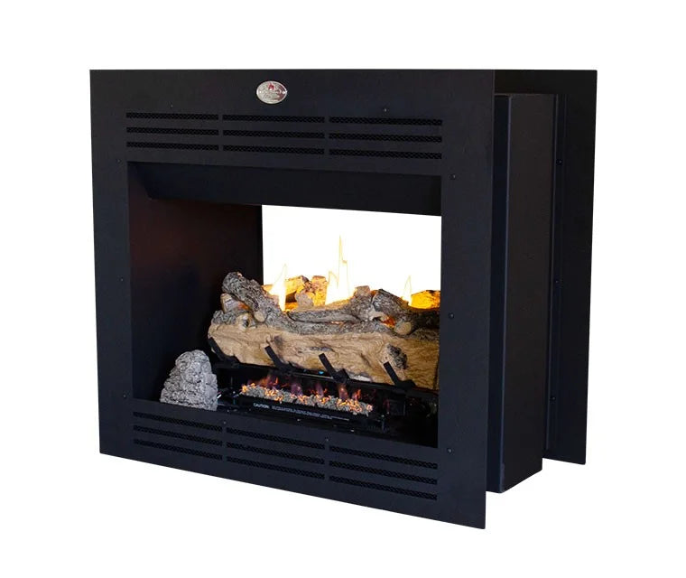 Firebox Vent Free Double Sided Model 940 Mild Steel Facade with Split Oak Logset