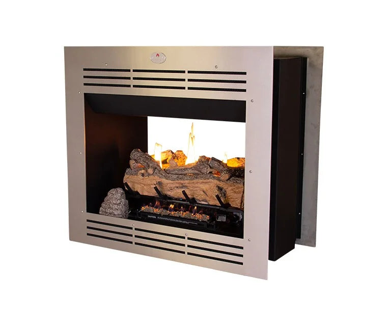 Firebox Vent Free Double Sided Model 940 Stainless Steel Facade with Split Oak Logset