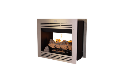 Firebox Vent Free Double Sided Model 940 Stainless Steel Facade with Split Oak Logset