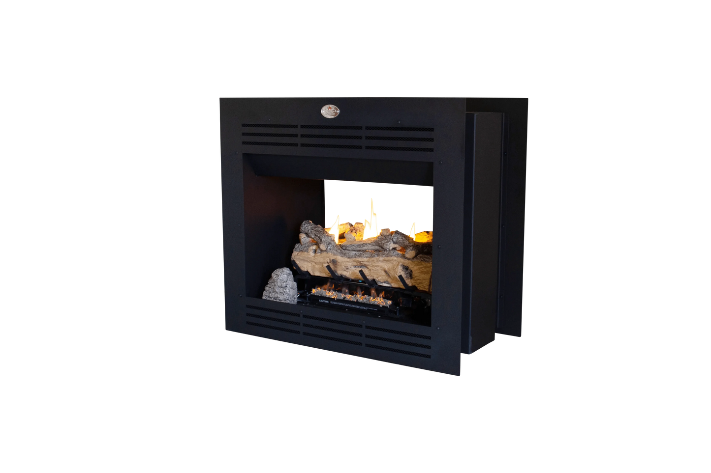 Firebox Vent Free Double Sided Model 940 Mild Steel Facade with Split Oak Logset