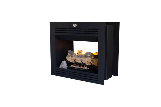 Firebox Vent Free Double Sided Model 940 Mild Steel Facade with Split Oak Logset